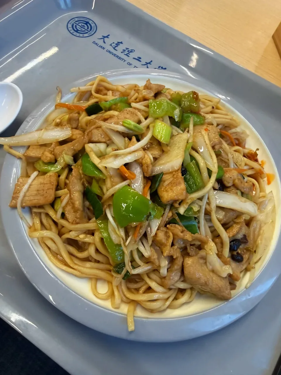 大连理工大学食堂炒面实拍(餐盘印校名)